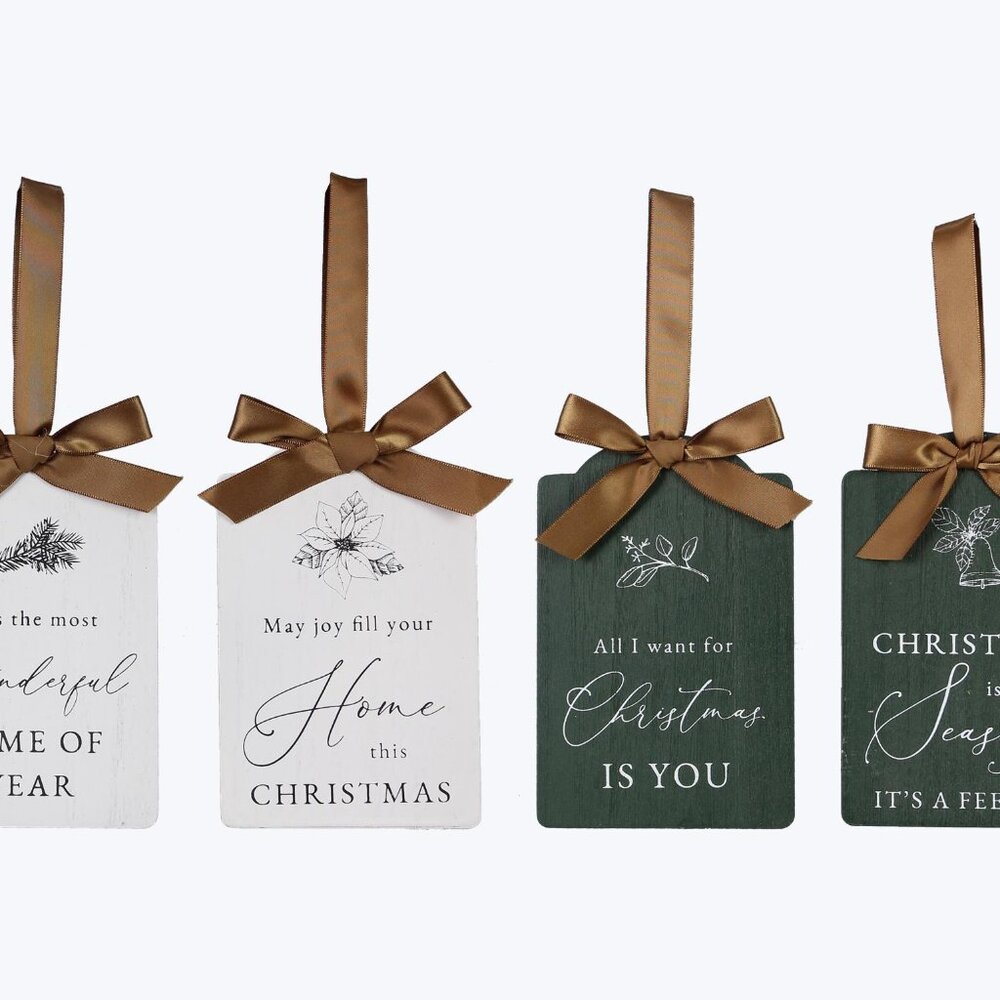 Set of 4: Wintergreen White Ornaments/Gift Tags Silky Ribbon Bow, Festive Saying